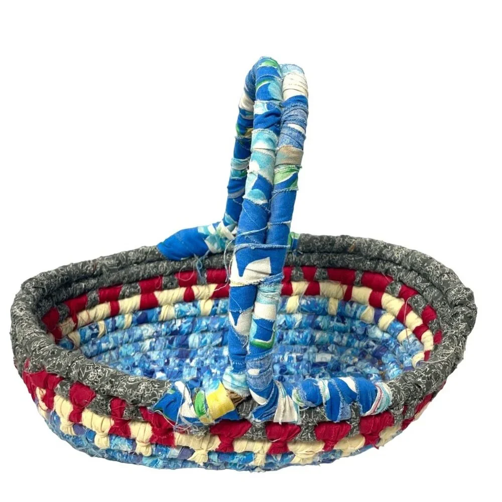 Coiled Rag Basket with Handle Vintage Rustic  12”x12” Handmade Cloth
